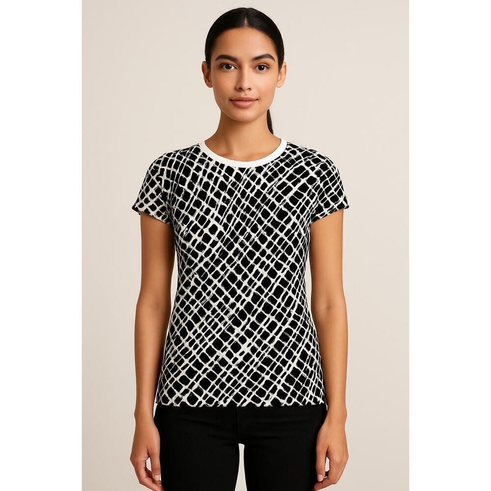 Calvin Klein XS Silk Blend Black & White Graphic Print Short Sleeve Top